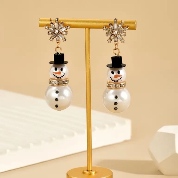 Snowflake and Snowman Dangle Earrings Holiday Pierced Rhinestones Faux Pearls - Picture 2 of 6